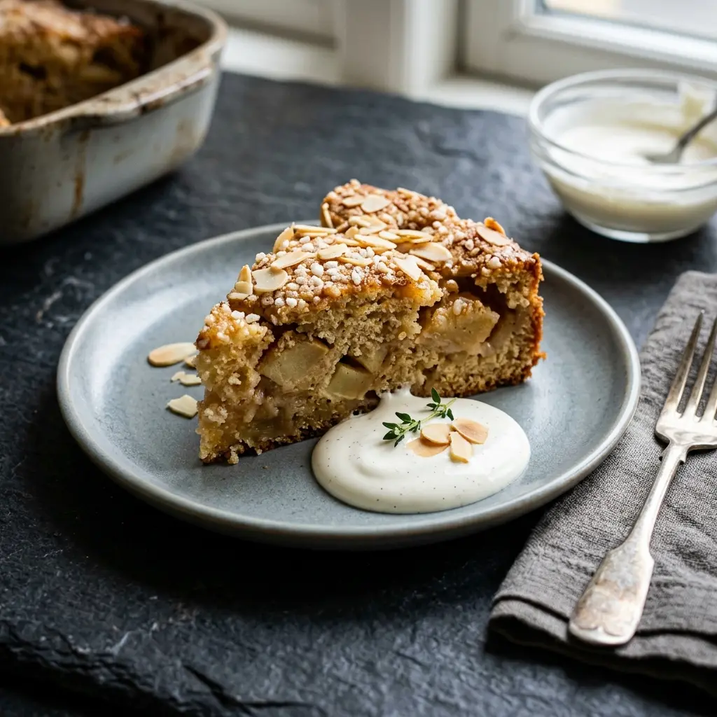 Apfelkuchen aus dem Ofen als süßes und hausgemachtes Dessert serviert