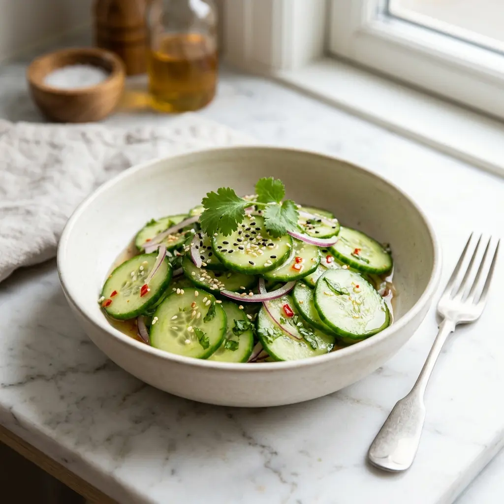 Frische Portion Asiatischer Gurkensalat mit ansprechender hausgemachter Präsentation