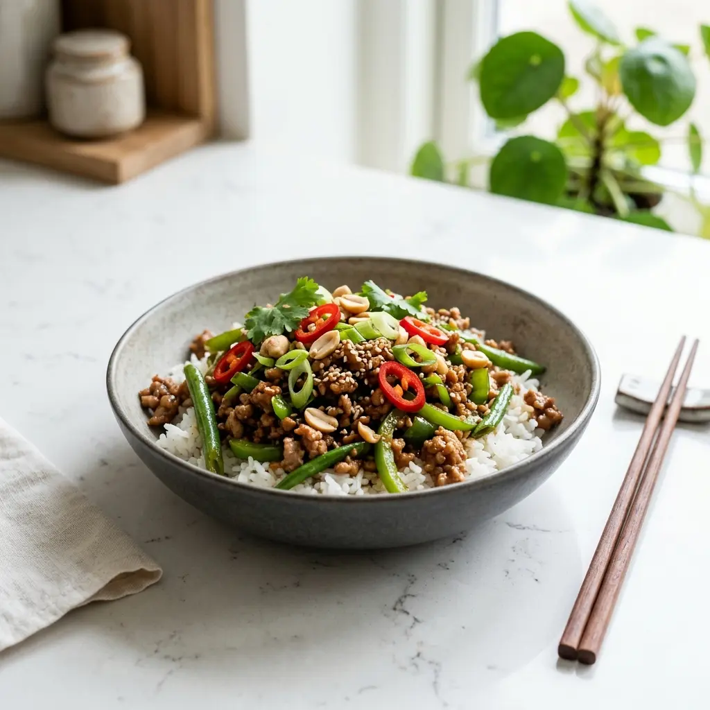 Asiatisches Schweinehackfleisch fertig als Gericht serviert