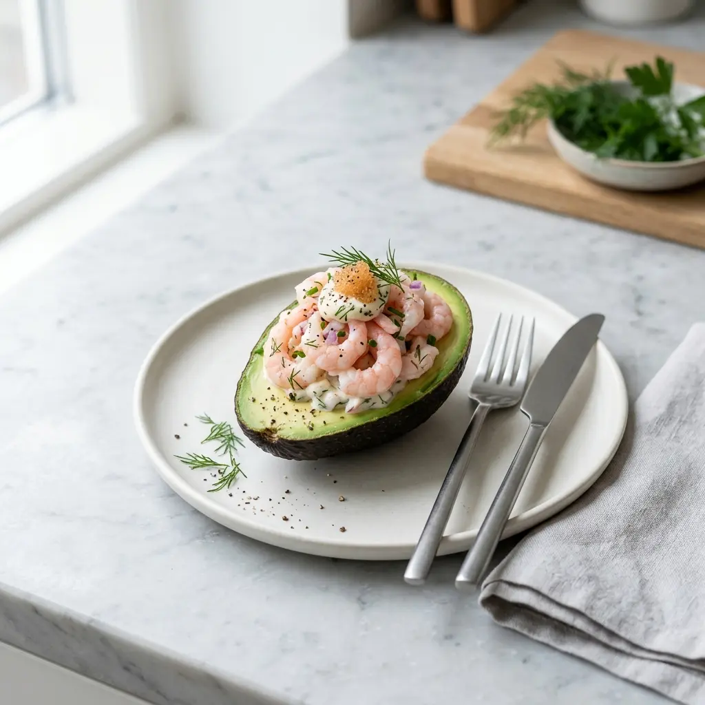 Avocado mit Garnelen fertig als Gericht serviert