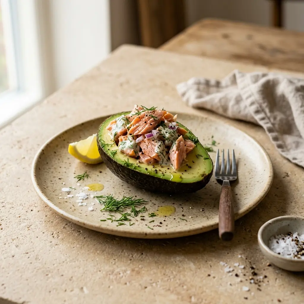 Avocado mit warmgeräuchertem Lachs fertig als Gericht serviert