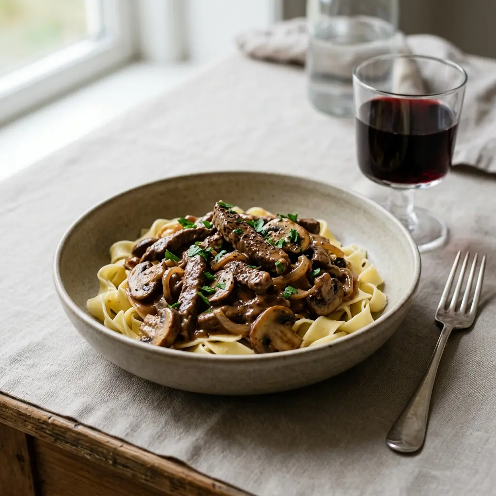 Bœuf Stroganoff fertig als Gericht serviert