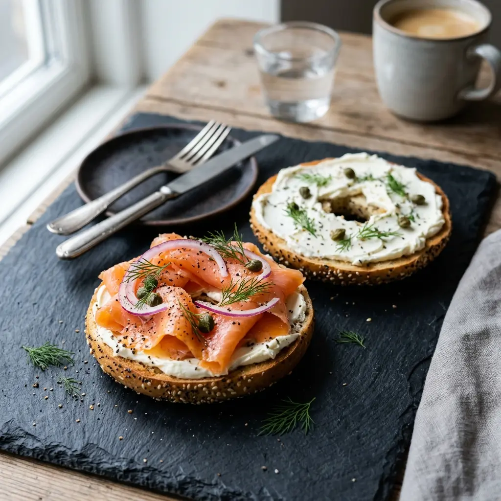Bagel mit Lachs und Frischkäse fertig als Gericht serviert