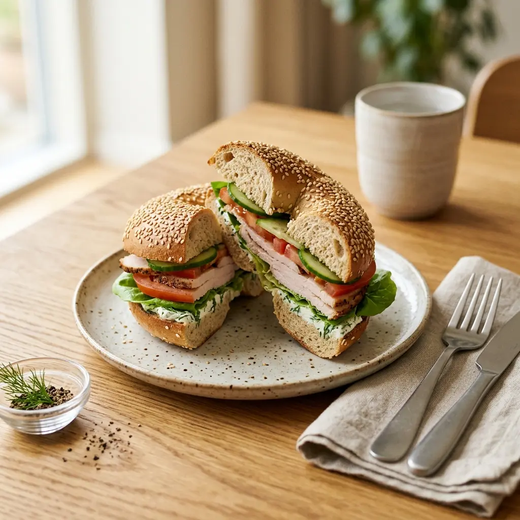 Bagel mit Pute fertig als Gericht serviert