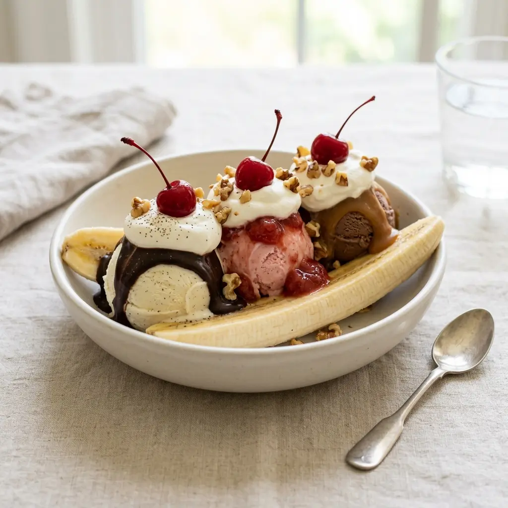 Banana Split fertig als Gericht serviert