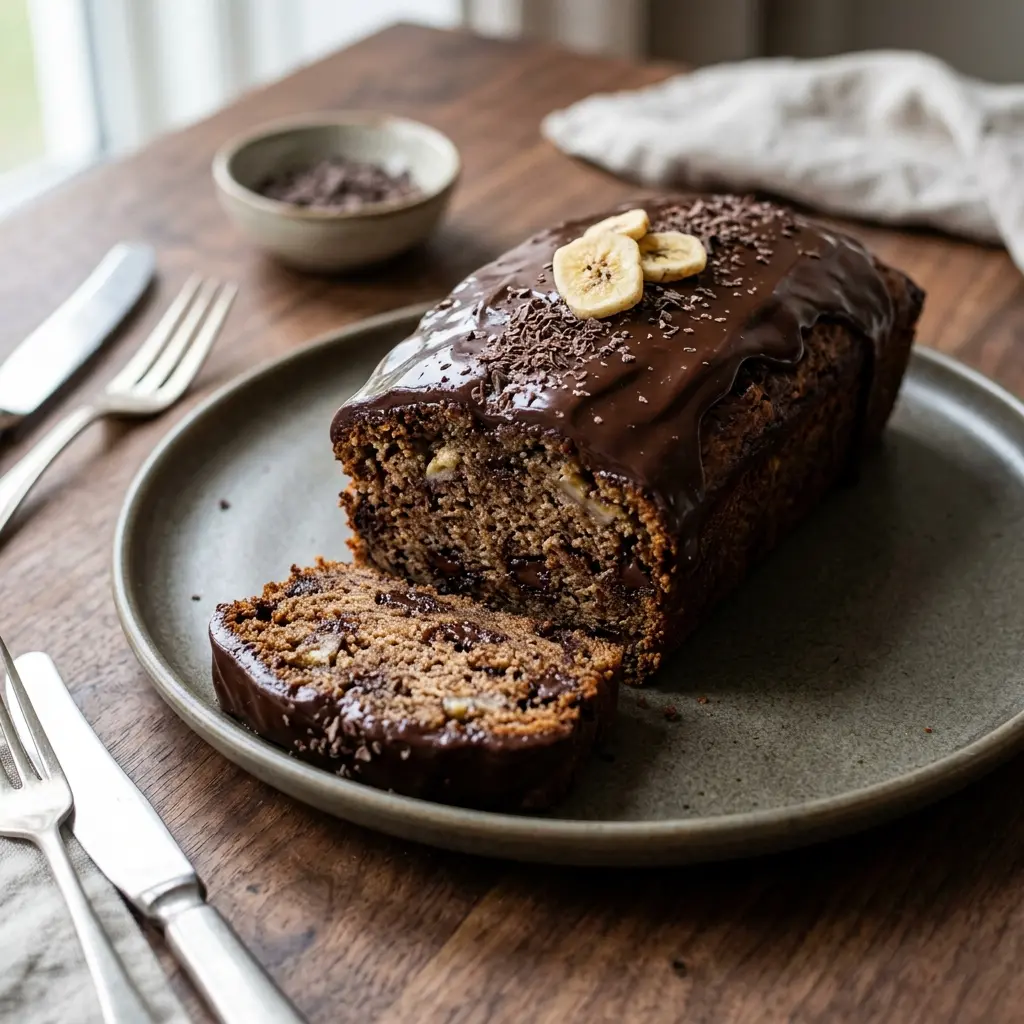 Bananenkuchen mit Schokolade als süßes und hausgemachtes Dessert serviert