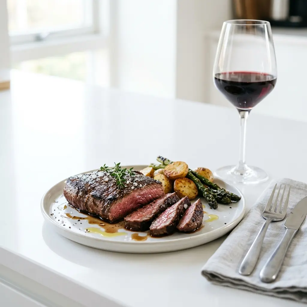 Bavette aus der Pfanne fertig als Gericht serviert