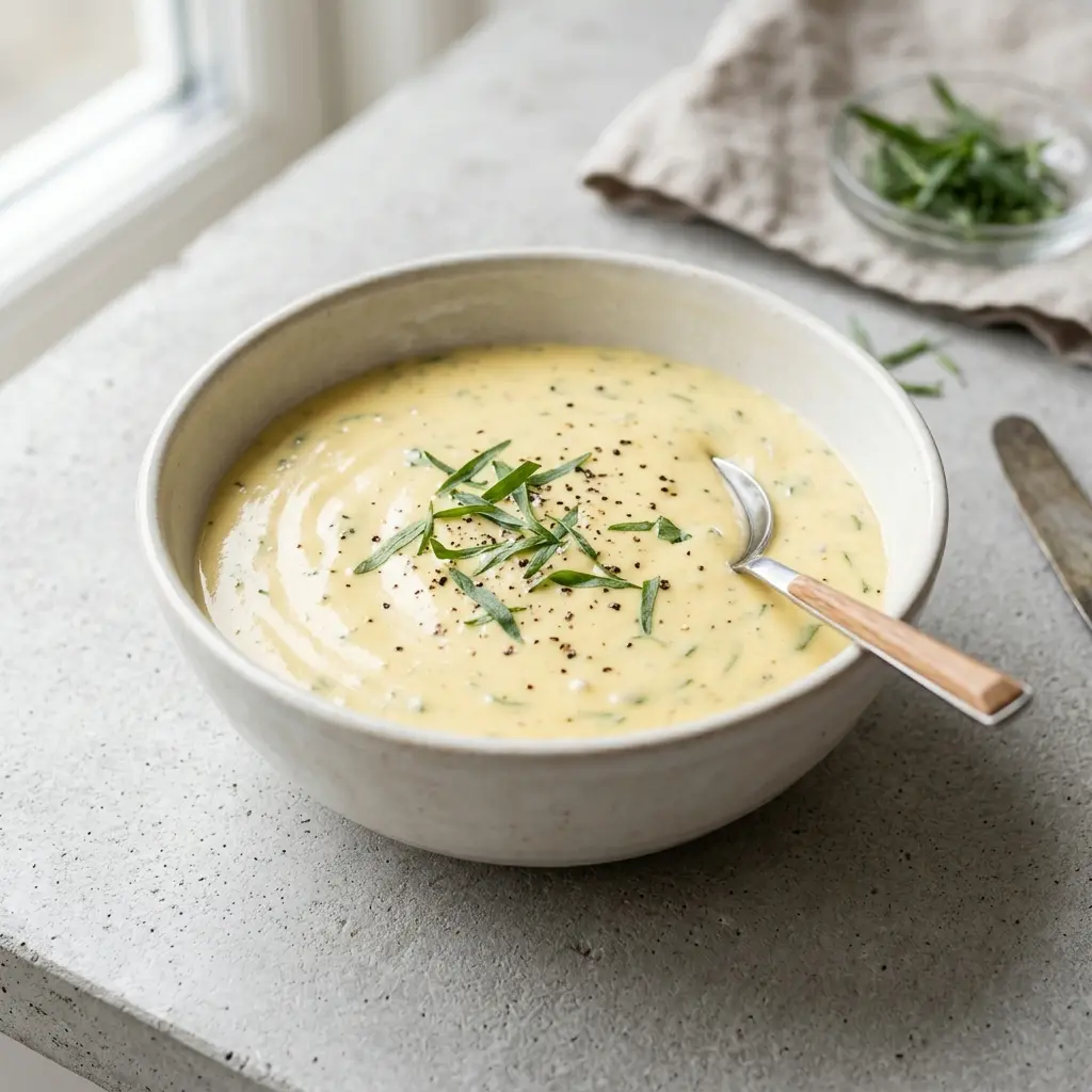 Béarnaise im Mixer fertig als Gericht serviert