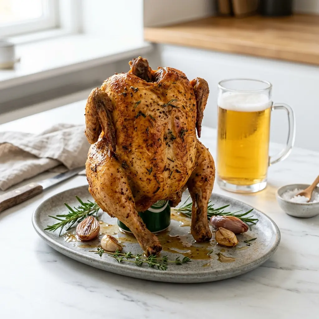 Beer Can Chicken fertig als Gericht serviert
