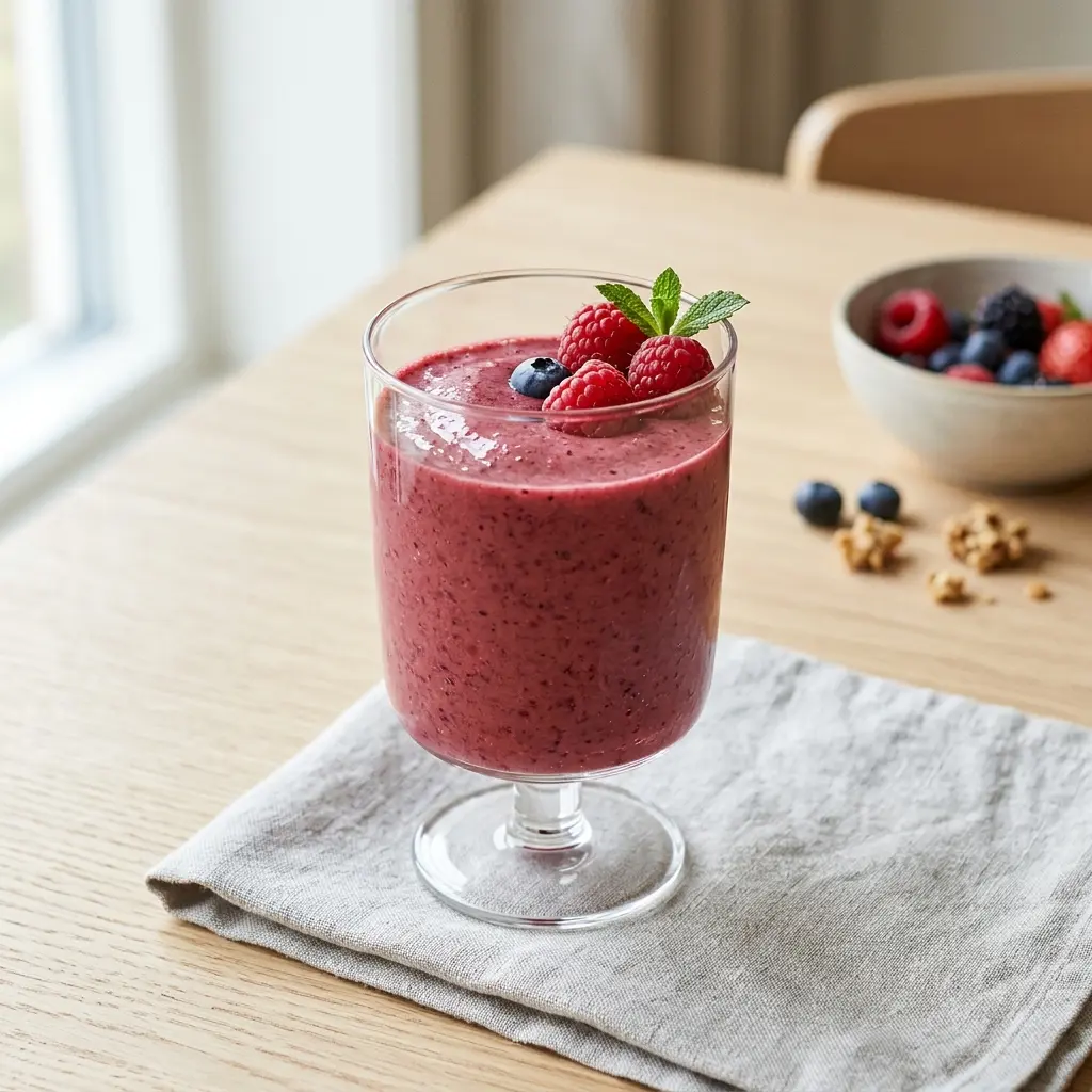 Ein Glas Beeren-Smoothie kalt und frisch serviert