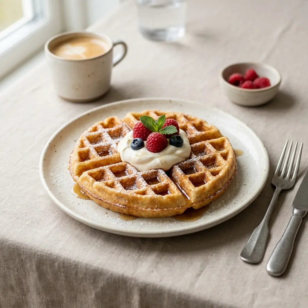 Serviervorschlag für Belgische Waffeln frisch und appetitlich angerichtet