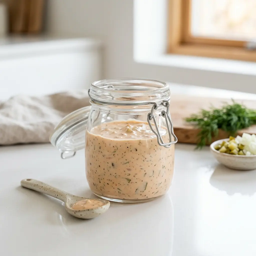 Eine Schale Big-Mac-Dressing als geschmackvolle Beilage serviert