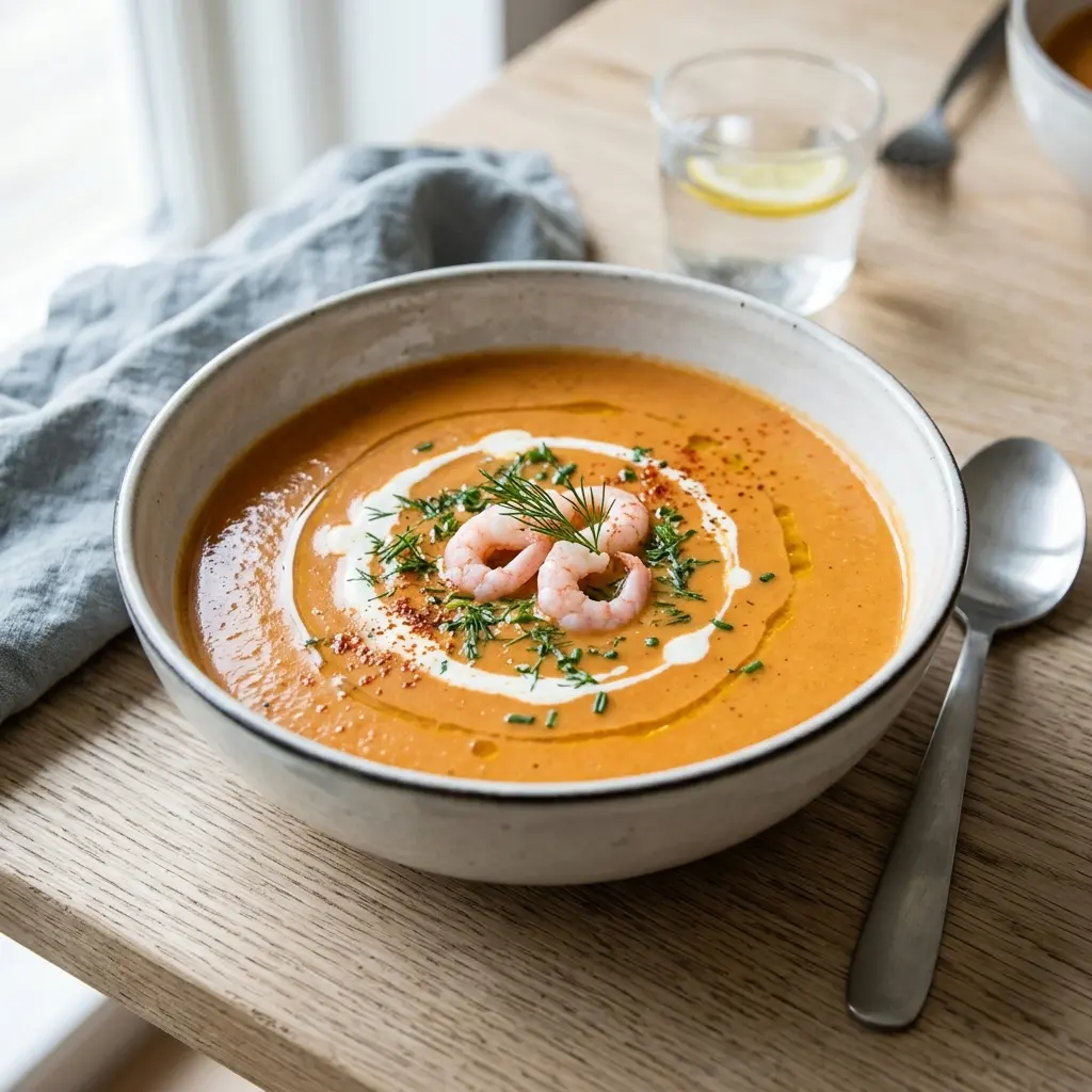 Eine warme Portion Bisque aus Garnelenschalen appetitlich serviert