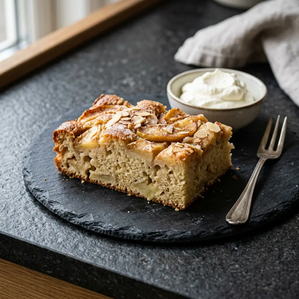 Blechkuchen mit Äpfeln als süßes und hausgemachtes Dessert serviert