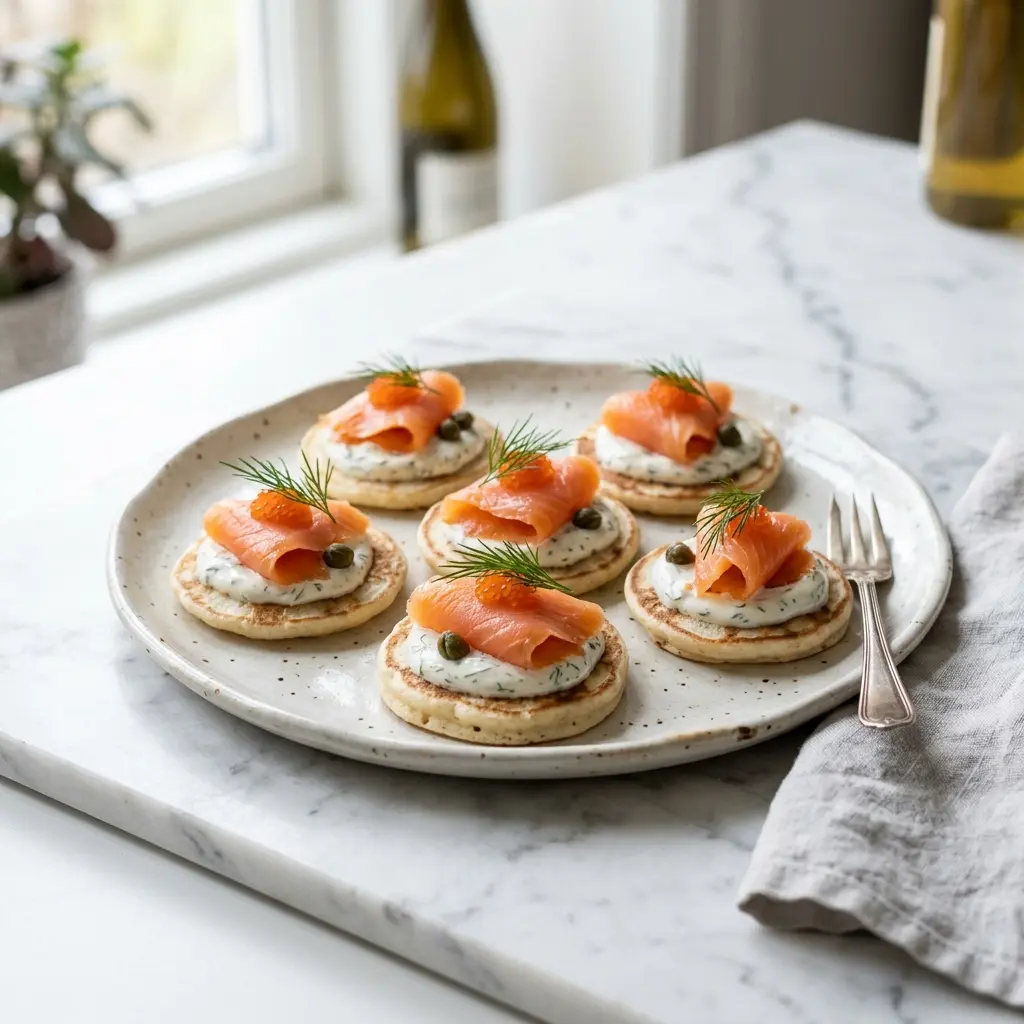 Blinis mit geräuchertem Lachs fertig als Gericht serviert