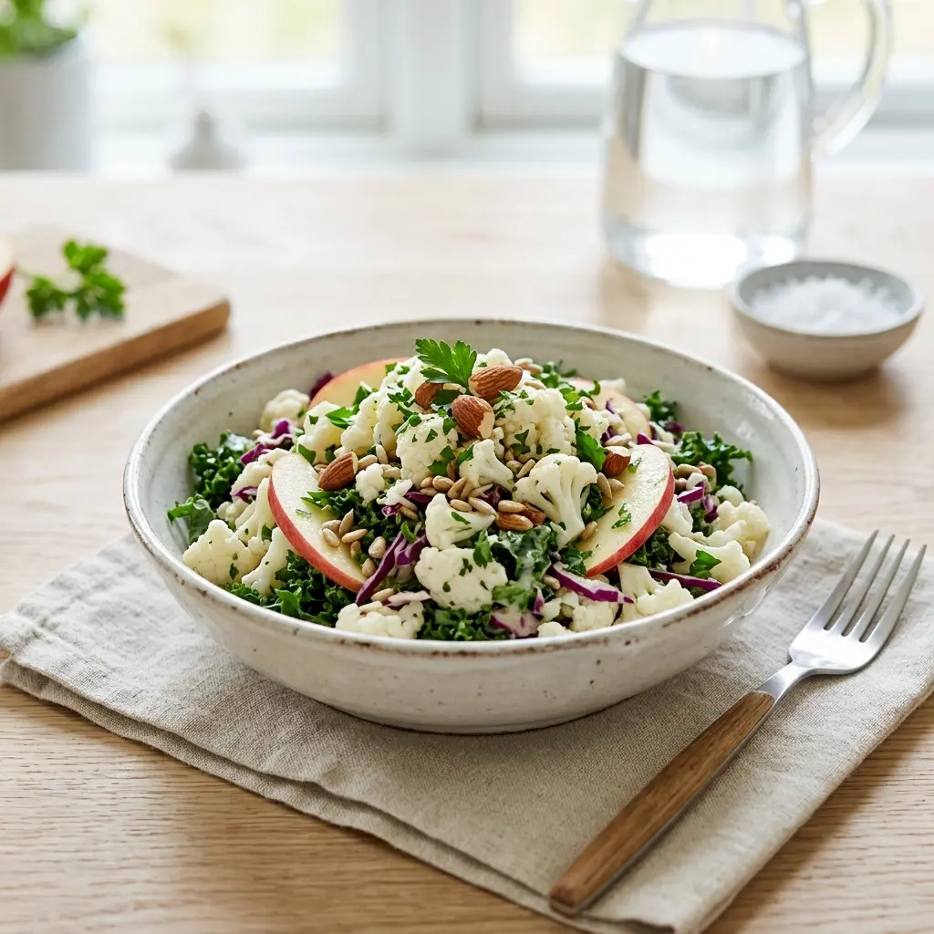 Frische Portion Blumenkohlsalat mit ansprechender hausgemachter Präsentation