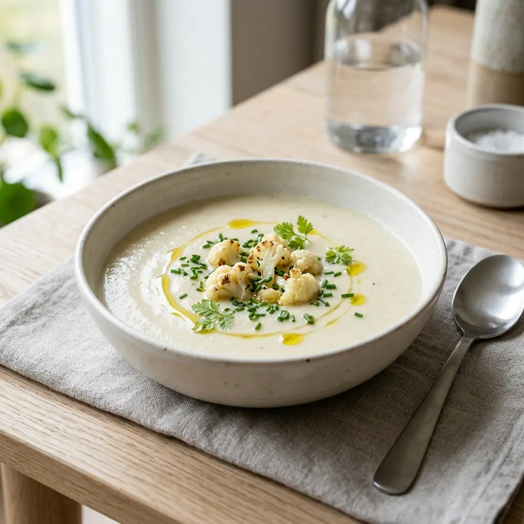 Eine warme Portion Blumenkohlsuppe appetitlich serviert