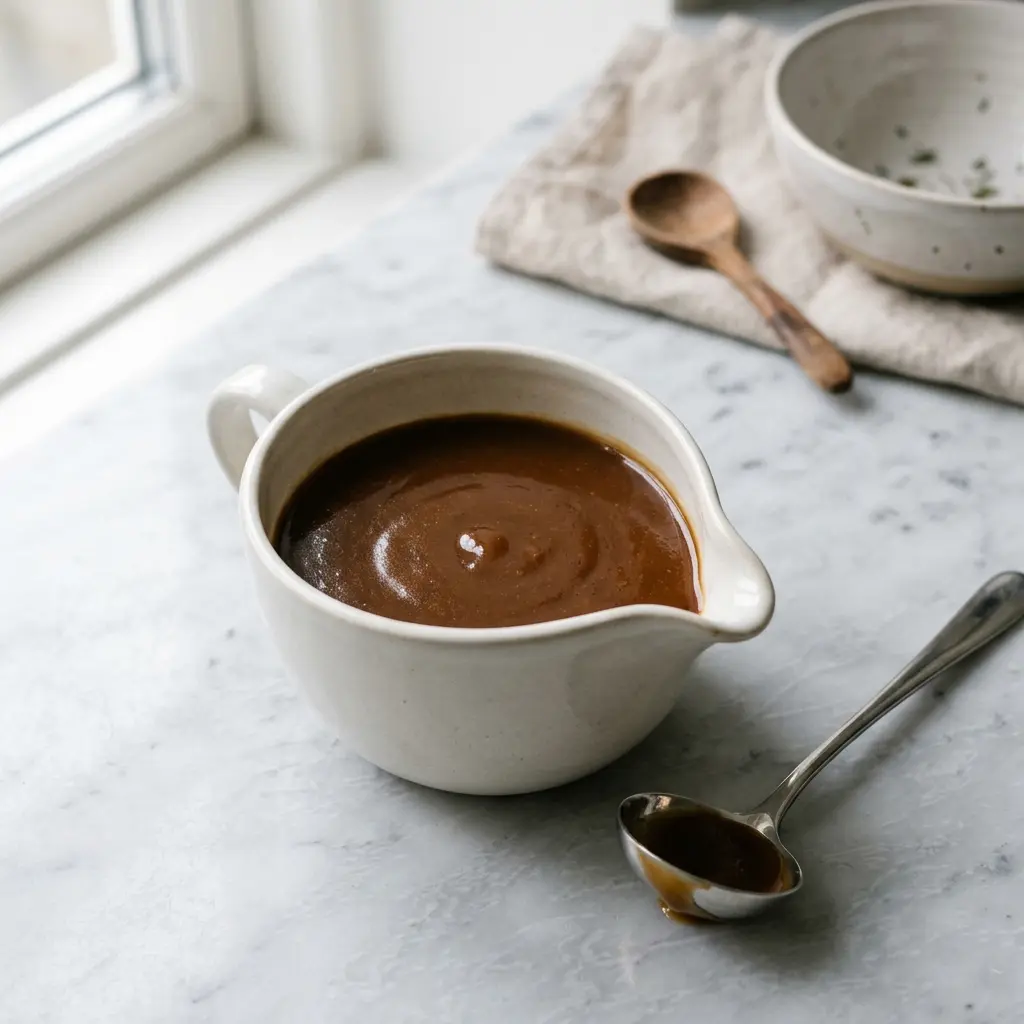 Eine Schale Braune Sauce als geschmackvolle Beilage serviert