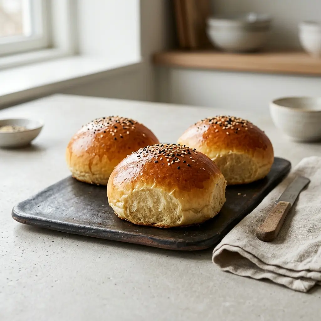 Serviervorschlag für Brioche-Burgerbrötchen frisch und appetitlich angerichtet
