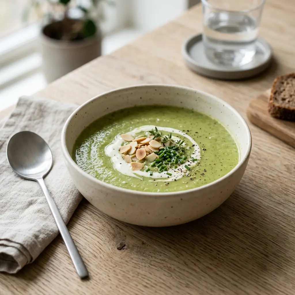 Eine warme Portion Brokkolisuppe appetitlich serviert