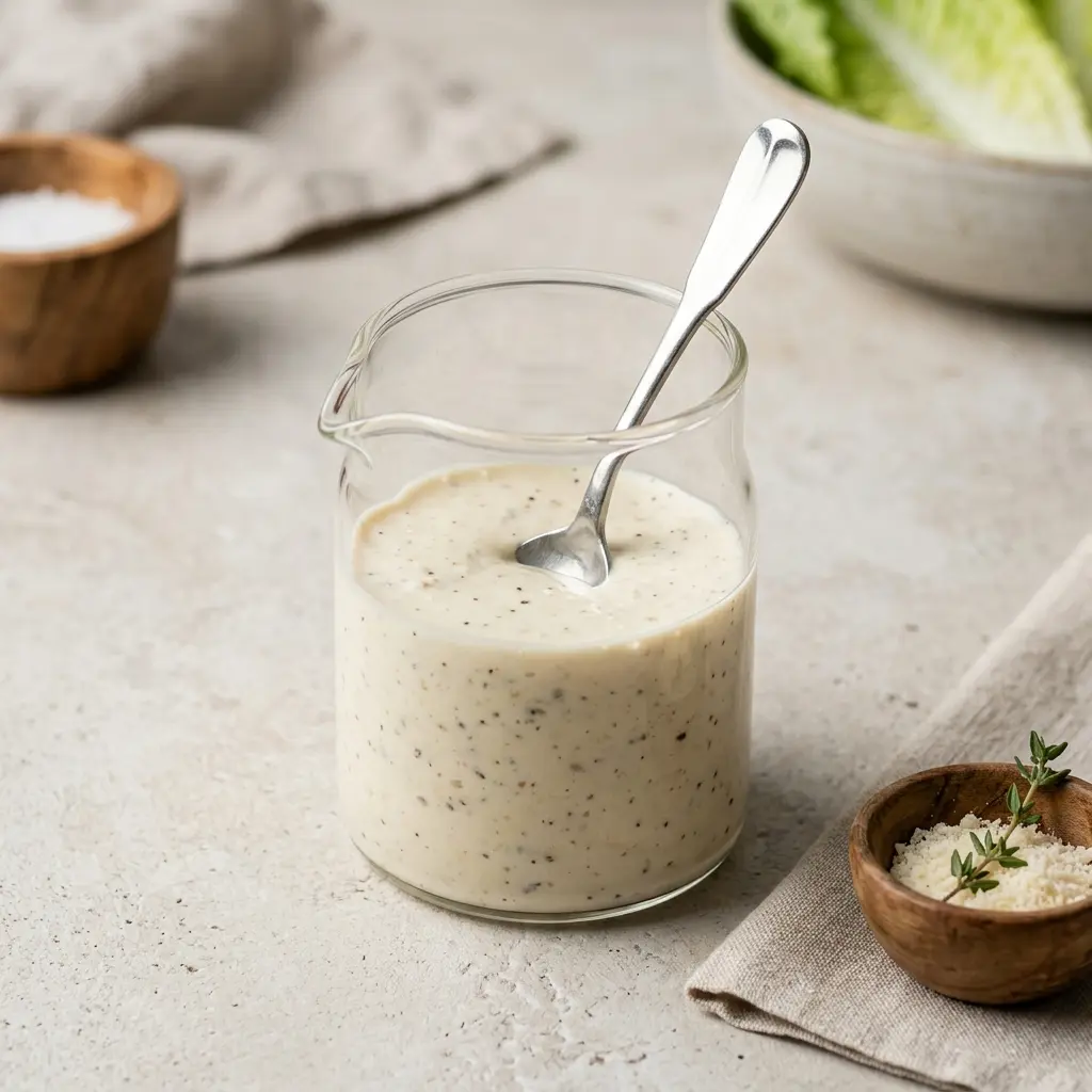 Eine Schale Caesar-Dressing als geschmackvolle Beilage serviert