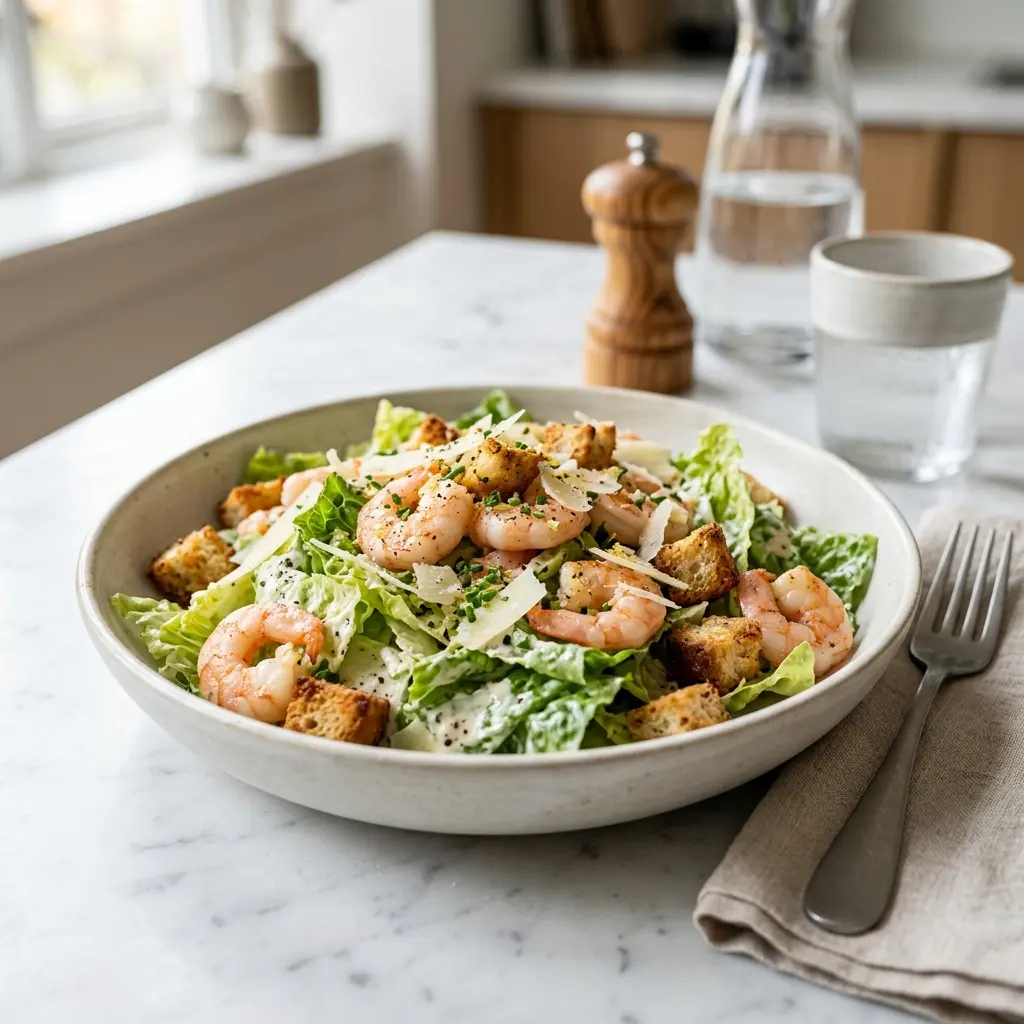 Caesar Salad mit Garnelen fertig als Gericht serviert
