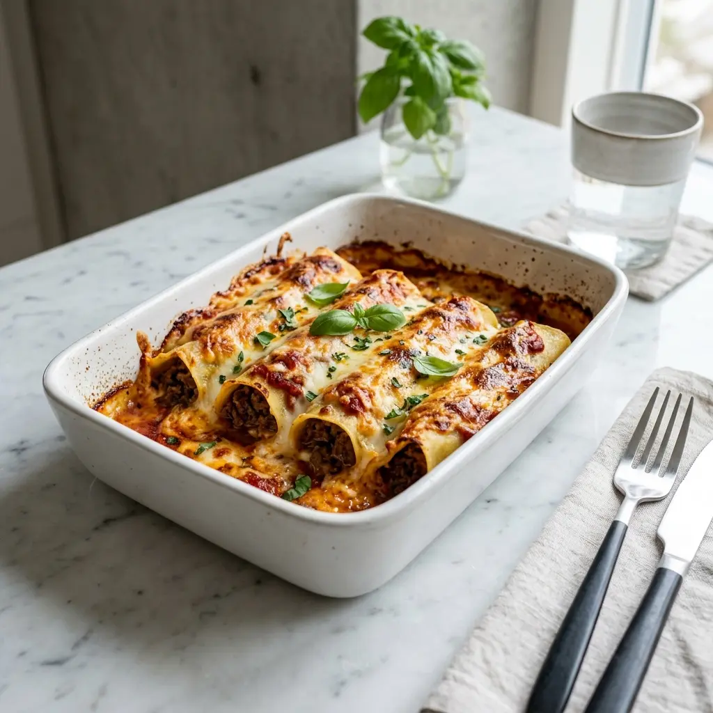 Cannelloni mit Rindfleisch fertig als Gericht serviert