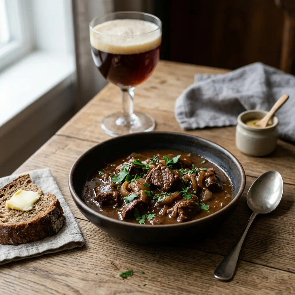 Carbonnade flamande fertig als Gericht serviert