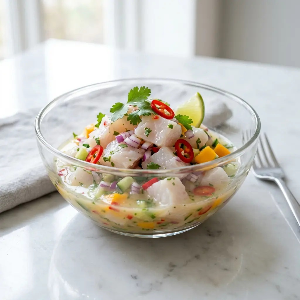Ceviche aus Kabeljau fertig als Gericht serviert