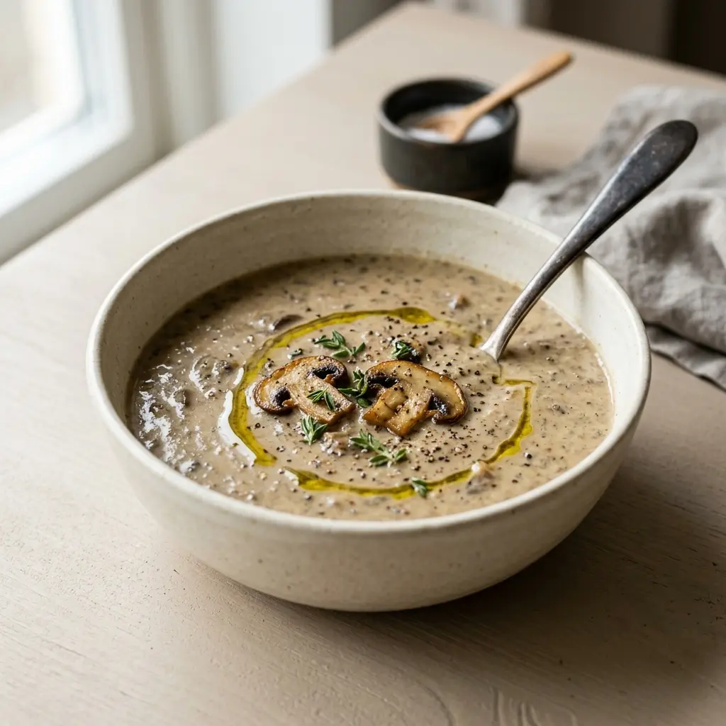 Eine warme Portion Champignonsuppe appetitlich serviert