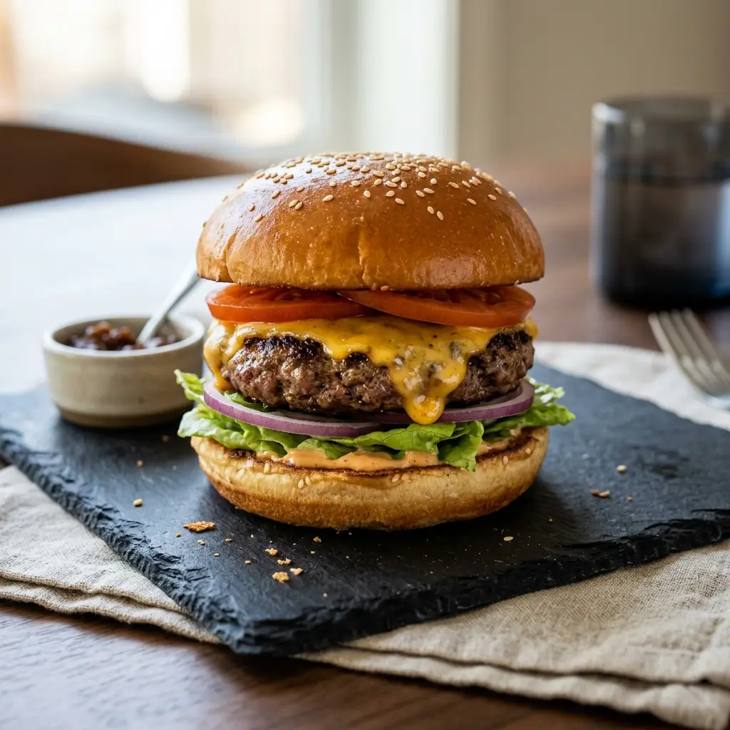 Cheeseburger fertig gebacken und serviert