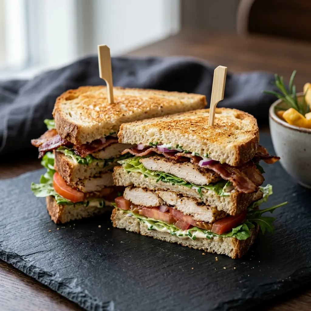 Club Sandwich mit Hähnchen fertig als Gericht serviert