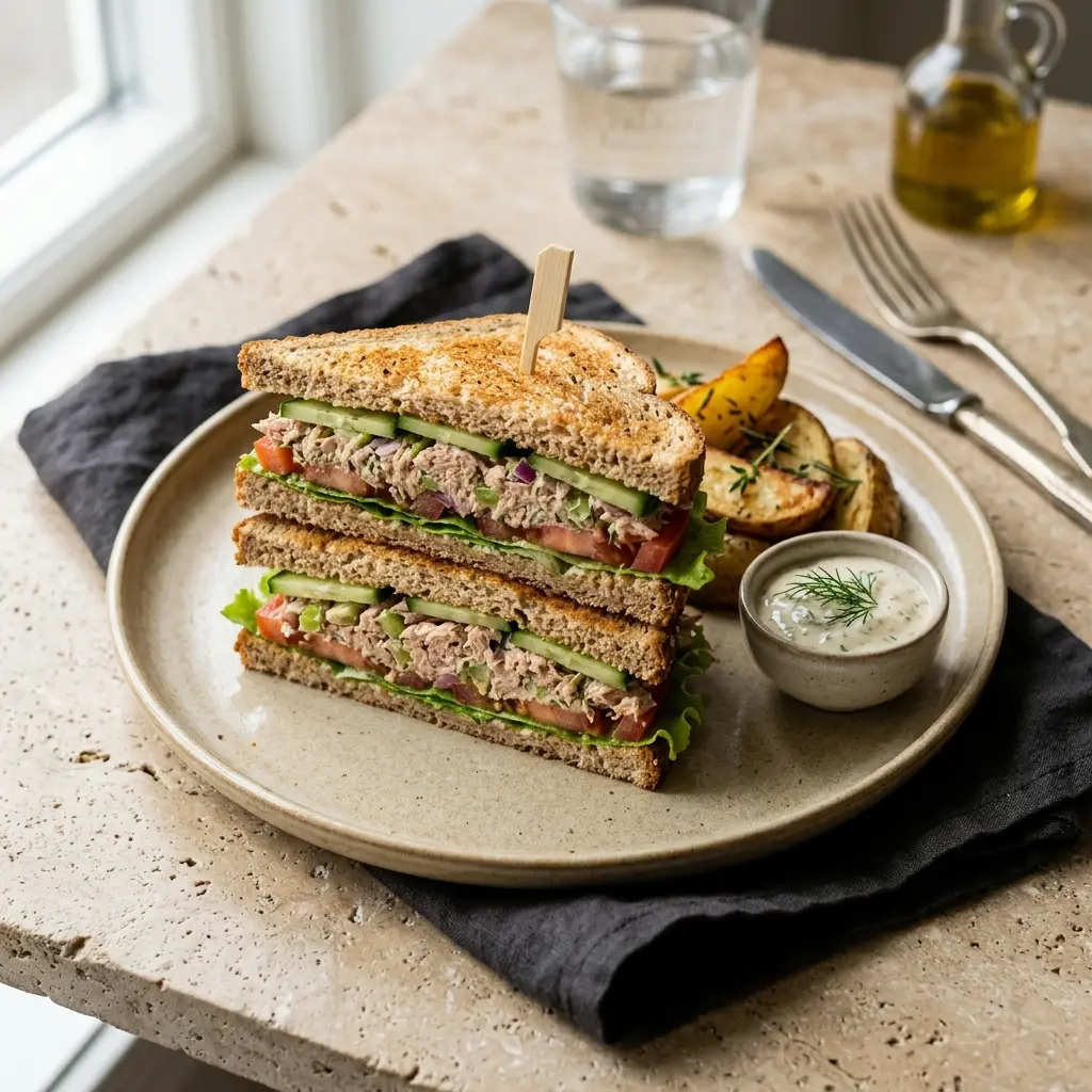 Club Sandwich mit Thunfisch fertig als Gericht serviert