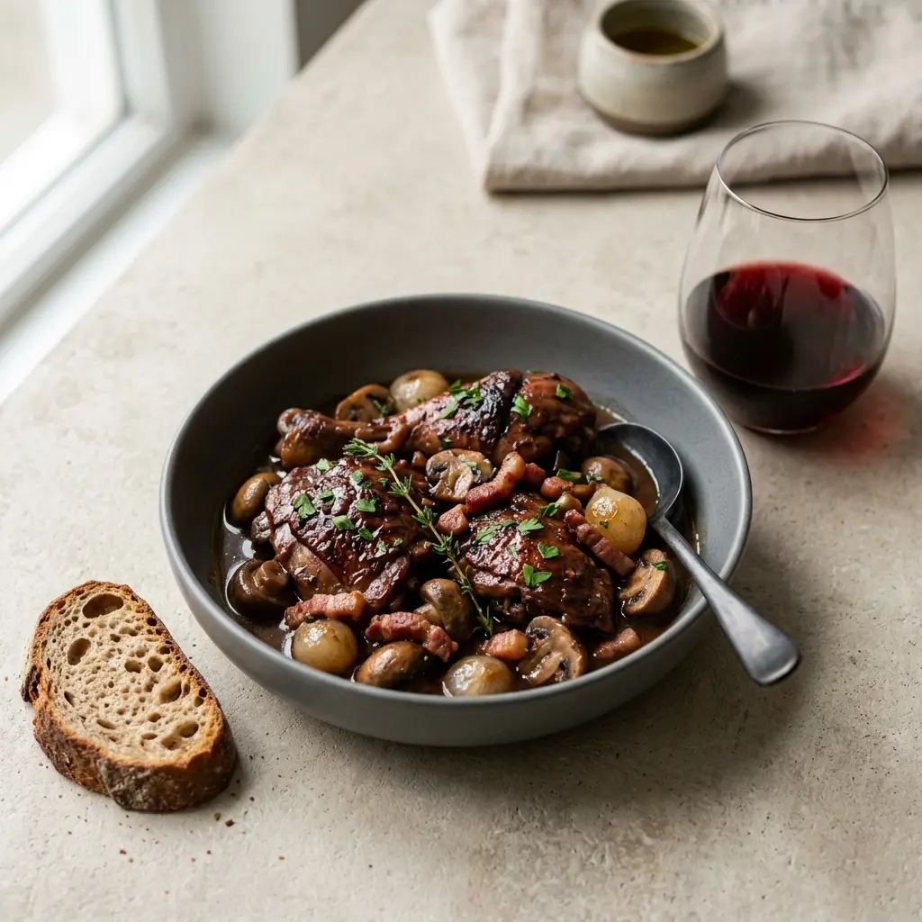 Coq au vin fertig als Gericht serviert