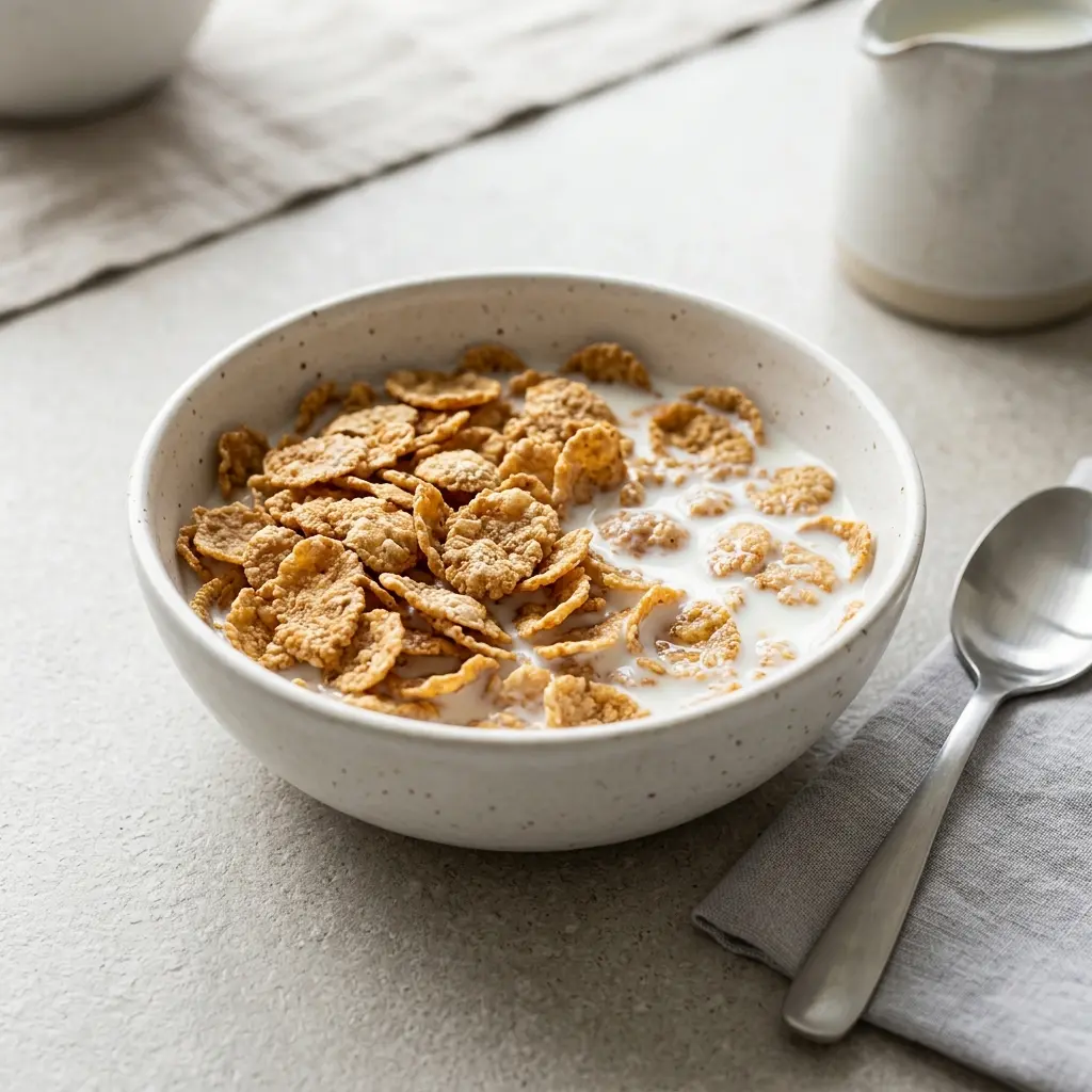 Cornflakes mit Milch fertig zum Frühstück serviert