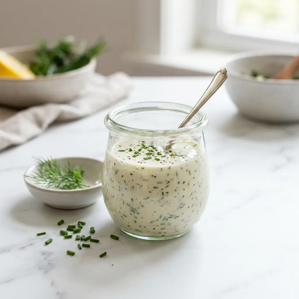 Eine Schale Crème-fraîche-Dressing als geschmackvolle Beilage serviert