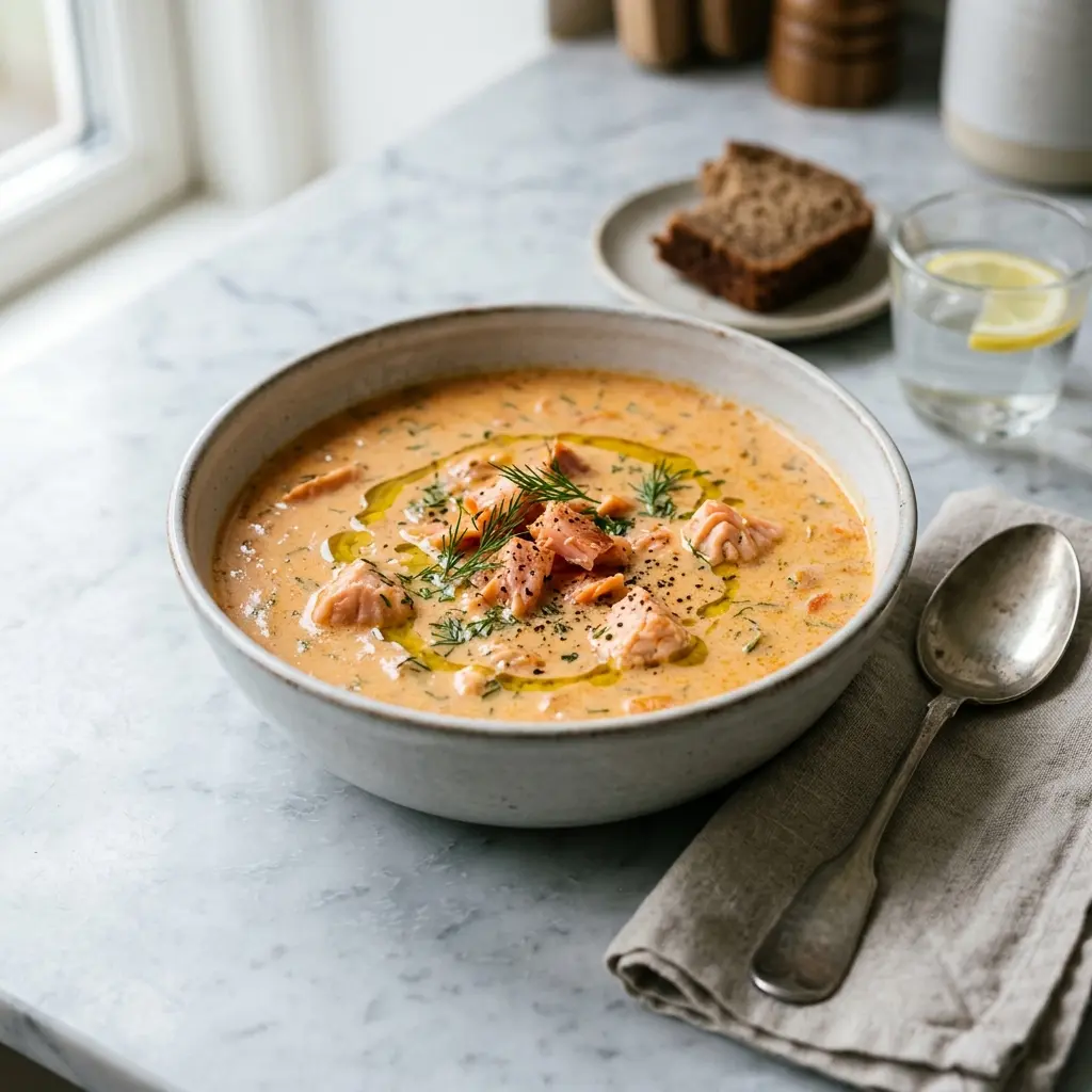 Eine warme Portion Cremige Lachssuppe appetitlich serviert