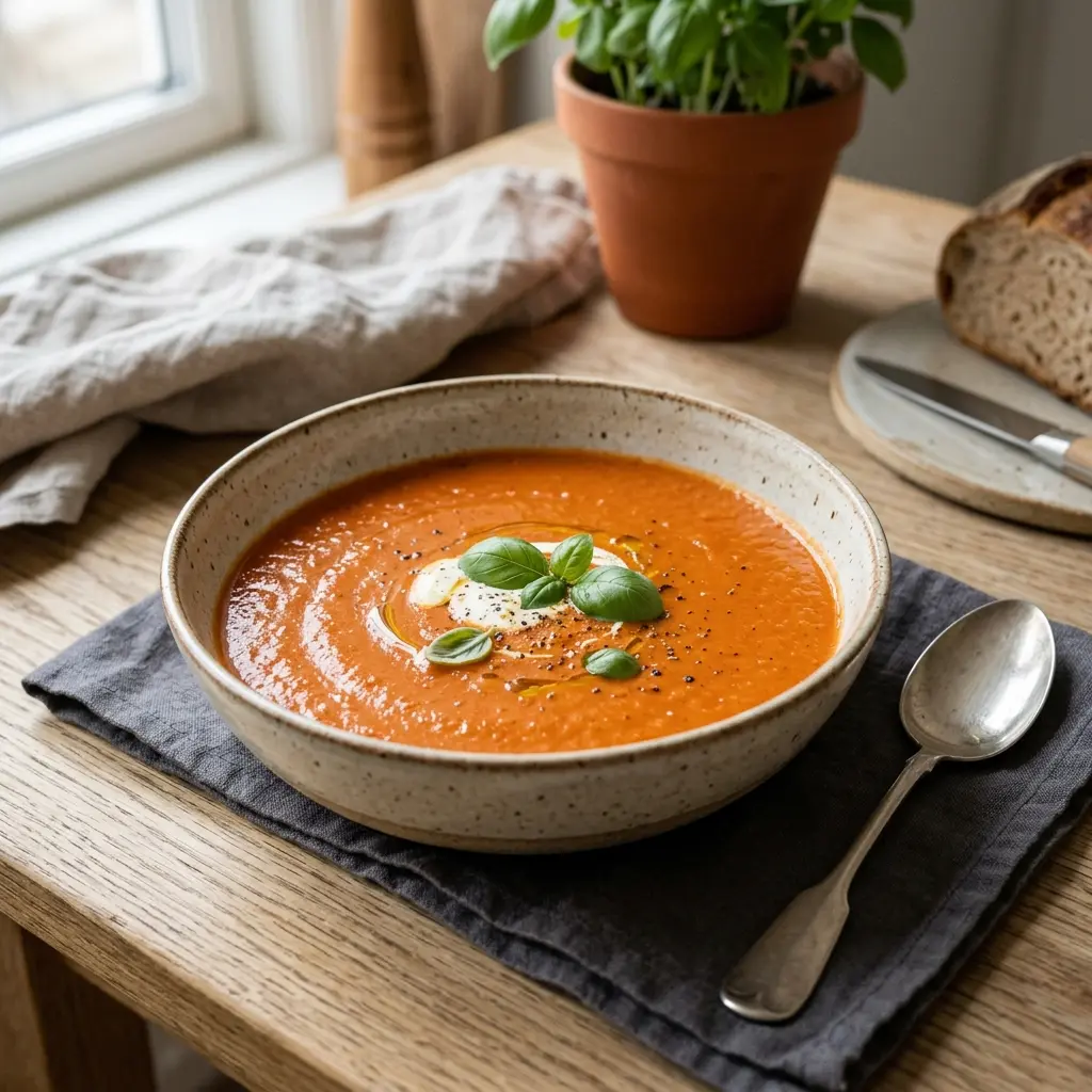 Eine warme Portion Cremige Tomatensuppe appetitlich serviert
