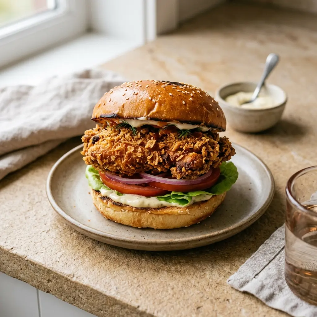 Crispy Chicken Burger fertig als Gericht serviert