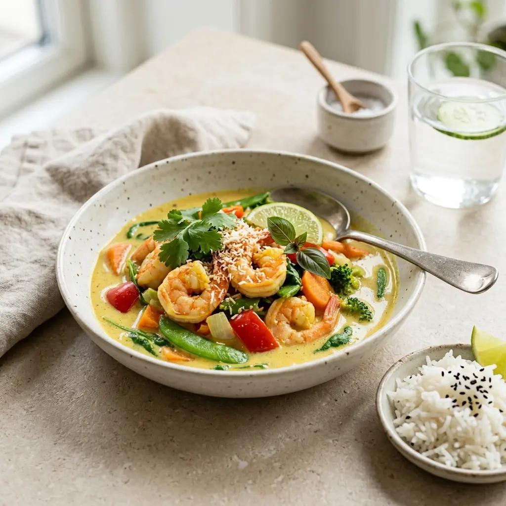 Curry mit Garnelen fertig als Gericht serviert