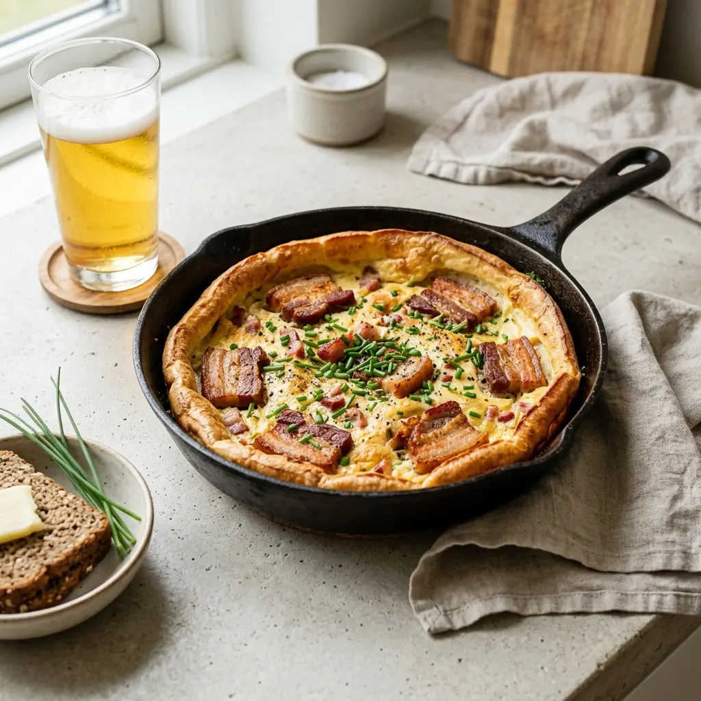 Eierkuchen mit Schweinebauch fertig als Gericht serviert