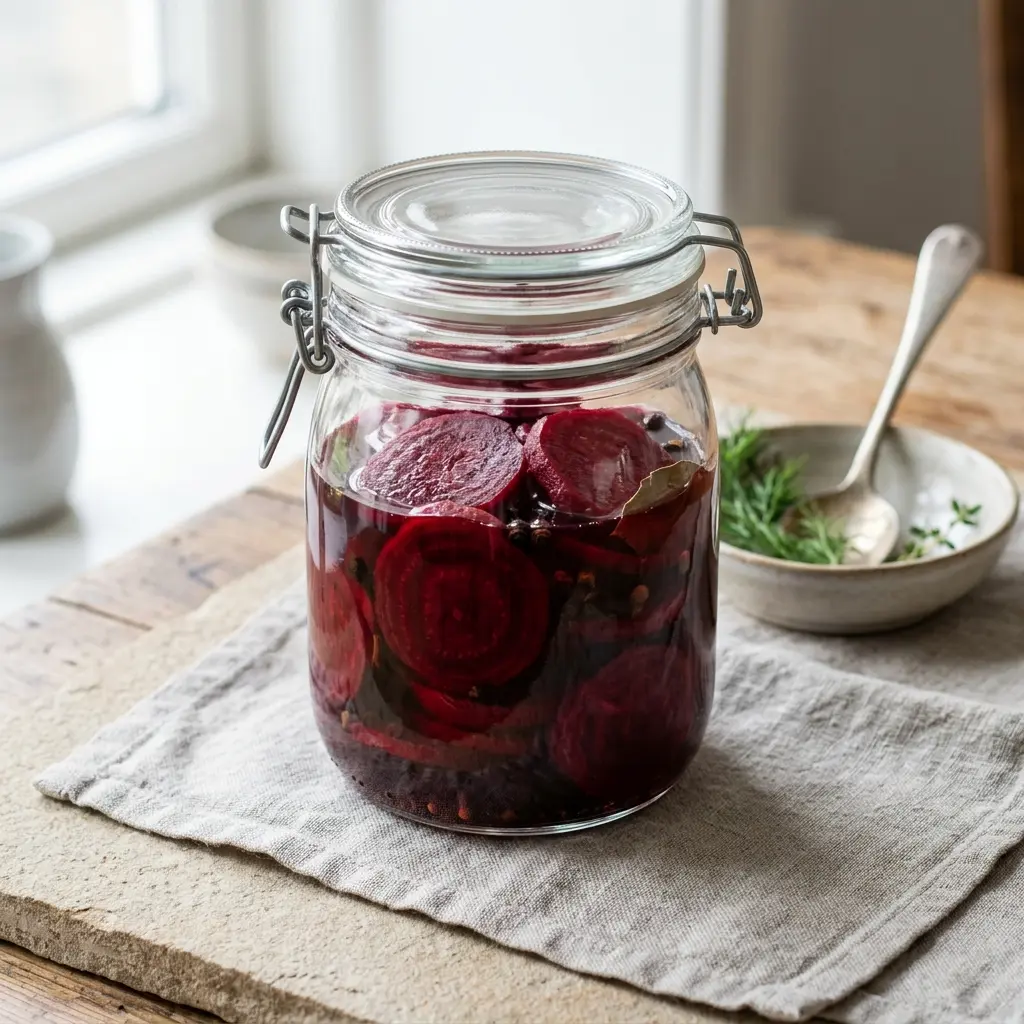Eingelegte Rote Bete fertig im Glas oder in einer Schale serviert