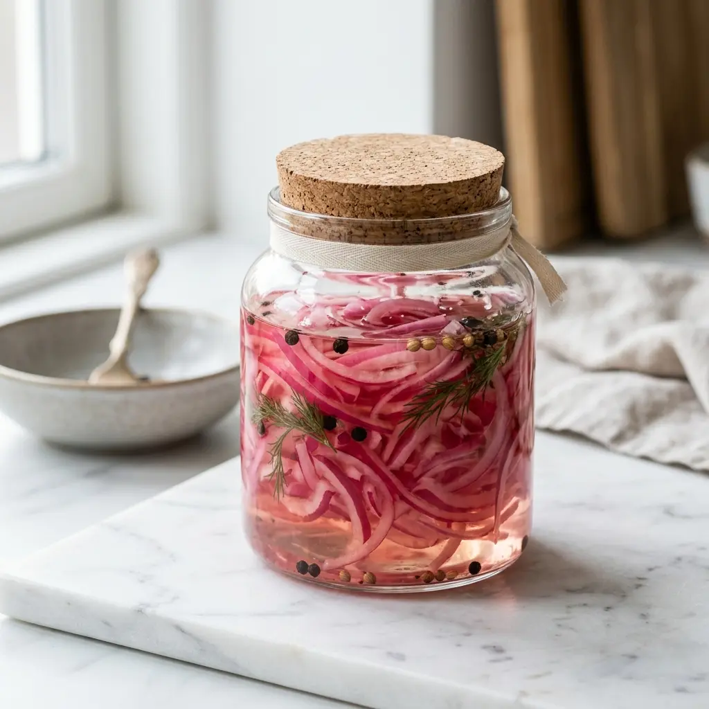 Eingelegte rote Zwiebeln fertig im Glas oder in einer Schale serviert