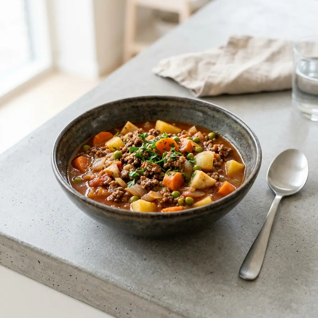 Eintopf mit Rinderhackfleisch fertig als warme Suppe serviert