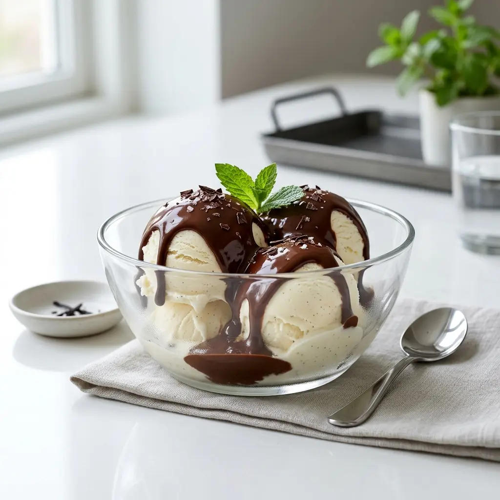 Eine Schale Eis mit Schokoladensauce als geschmackvolle Beilage serviert
