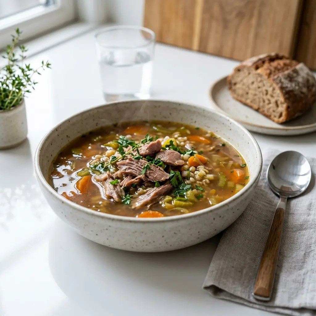 Eine warme Portion Entensuppe appetitlich serviert