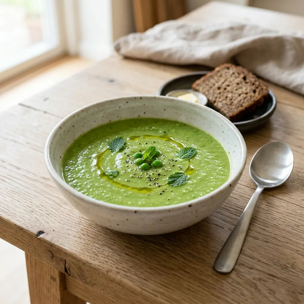 Eine warme Portion Erbsensuppe appetitlich serviert