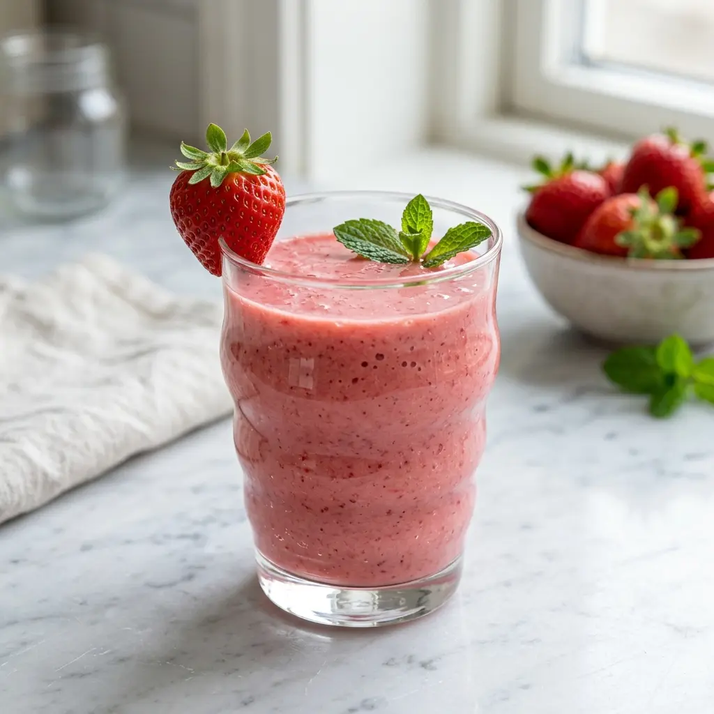 Ein Glas Erdbeer-Smoothie kalt und frisch serviert