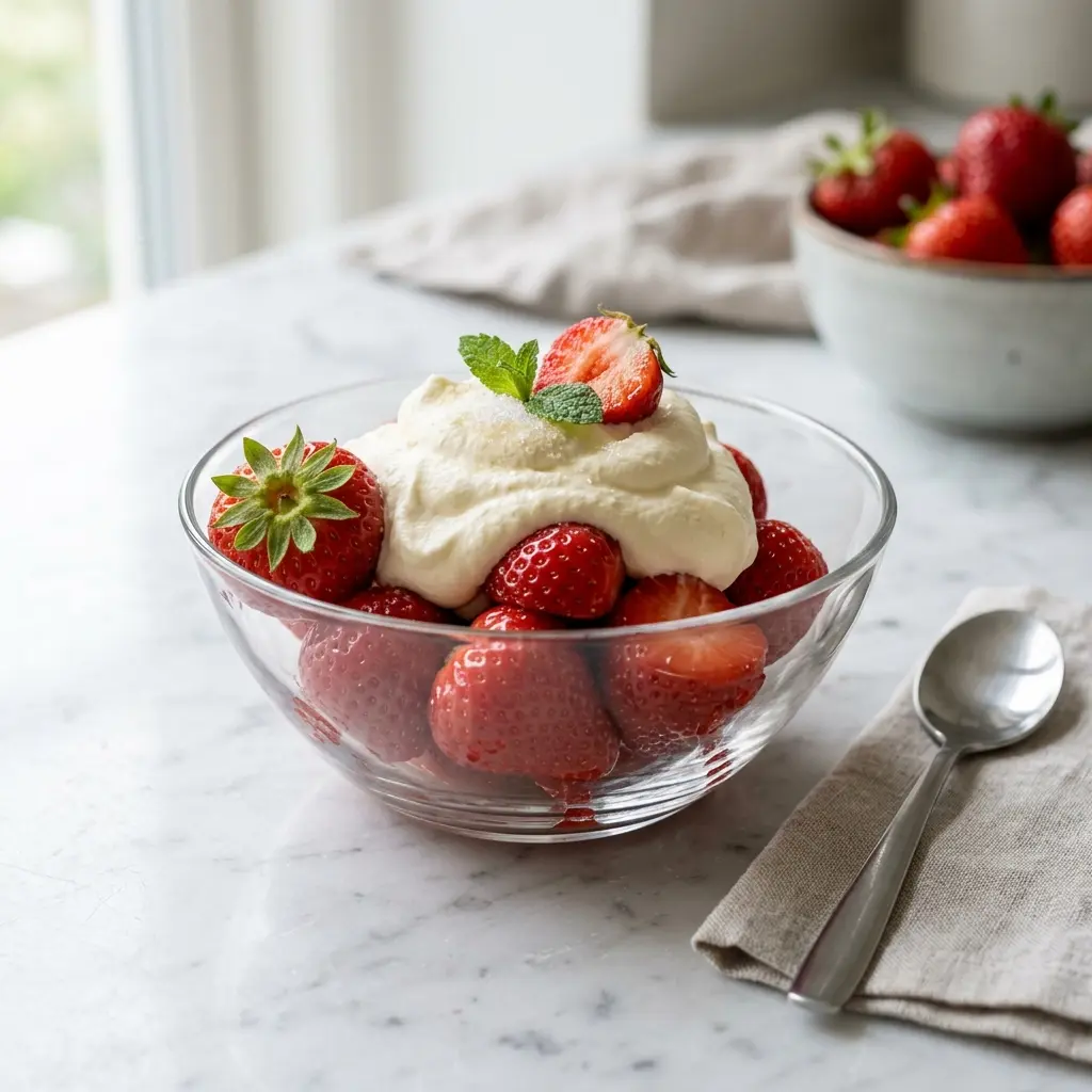 Erdbeeren mit Sahne fertig als Gericht serviert