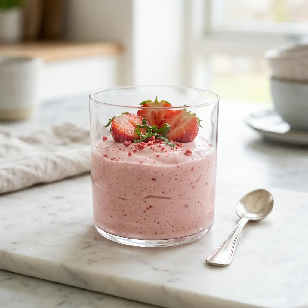Erdbeermousse als süßes und hausgemachtes Dessert serviert